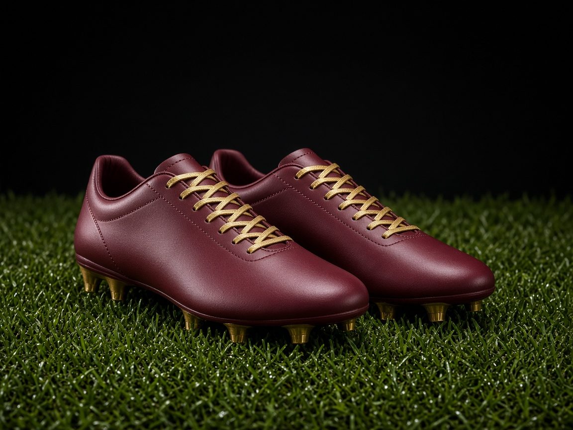 Sepasang sepatu bola maroon bertali emas di atas rumput basah, tanpa logo merek
