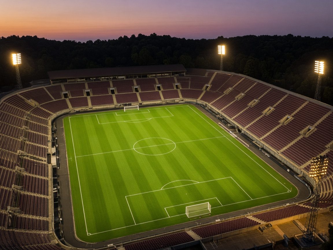 Lapangan sepak bola dari tribun atas: rumput hijau, garis putih, dua gawang, dan kursi maroon yang masih kosong