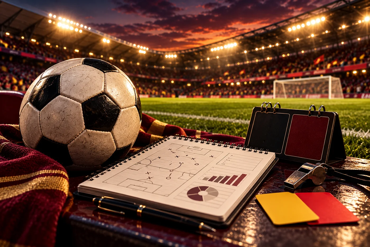 Ilustrasi catatan jadwal pertandingan dan suasana stadion sepak bola