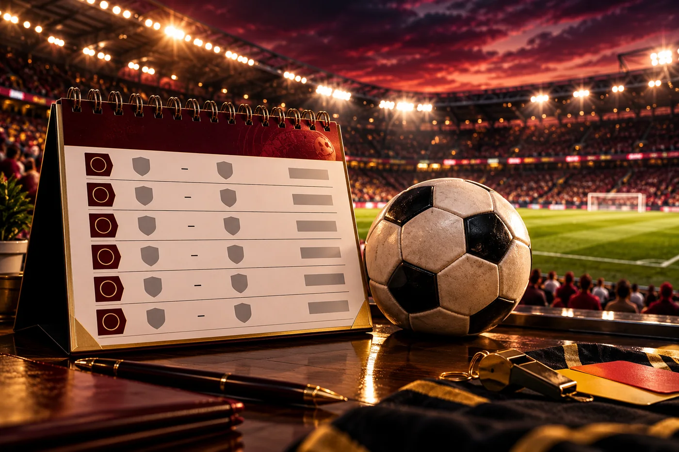 Ilustrasi jadwal pertandingan sepak bola di stadion dengan bola dan papan jadwal