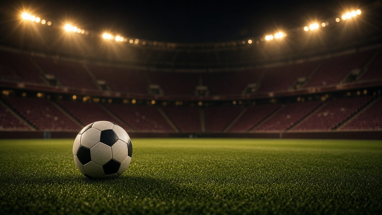 Bola sepak hitam-putih di rumput stadion pada malam hari, tribun maroon di belakang, dan lampu kuning menyala