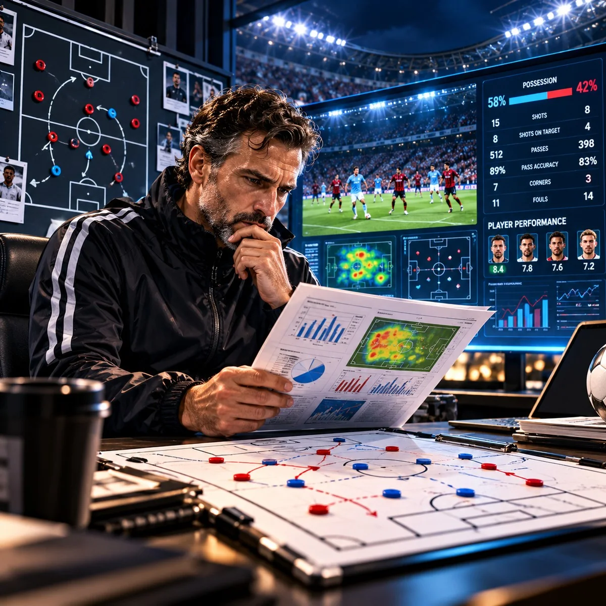 Pelatih sepak bola menganalisis strategi, statistik pemain, dan performa pertandingan di ruang analisis stadion