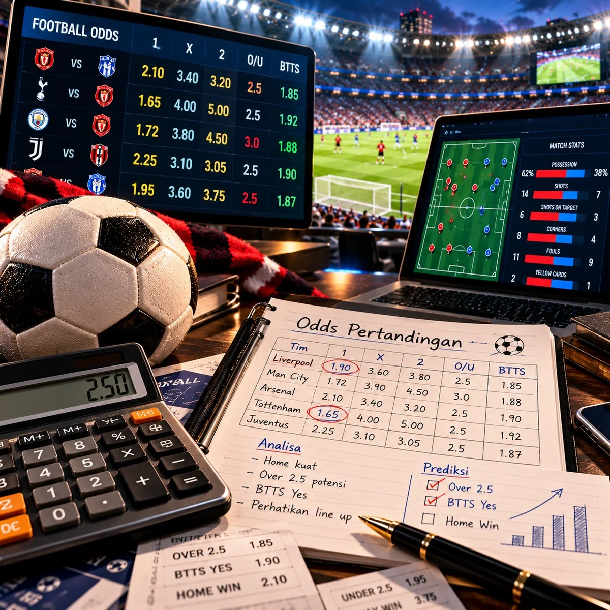 Catatan odds pertandingan sepak bola, kalkulator, papan statistik, dan analisis angka pertandingan di stadion