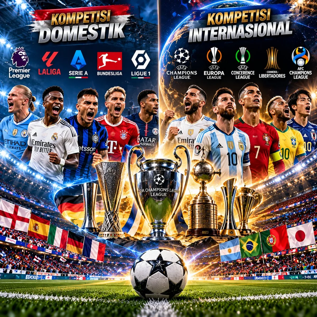 Ilustrasi kompetisi sepak bola domestik dan internasional dengan berbagai liga, klub, pemain, dan trofi di stadion