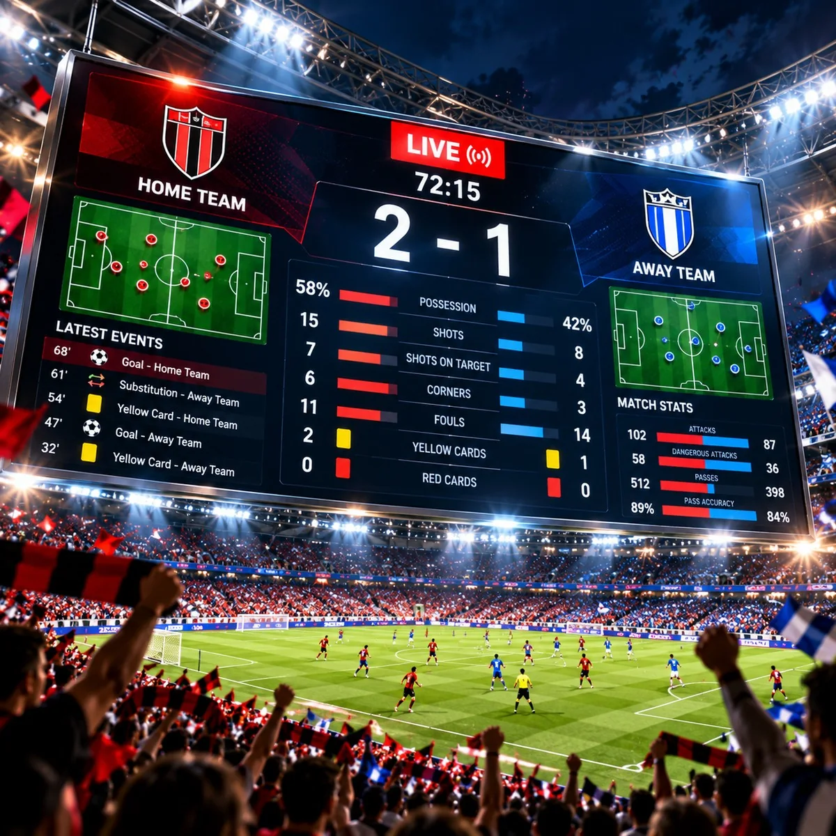 Papan livescore pertandingan sepak bola menampilkan skor langsung, statistik kedua tim, dan suasana stadion penuh penonton