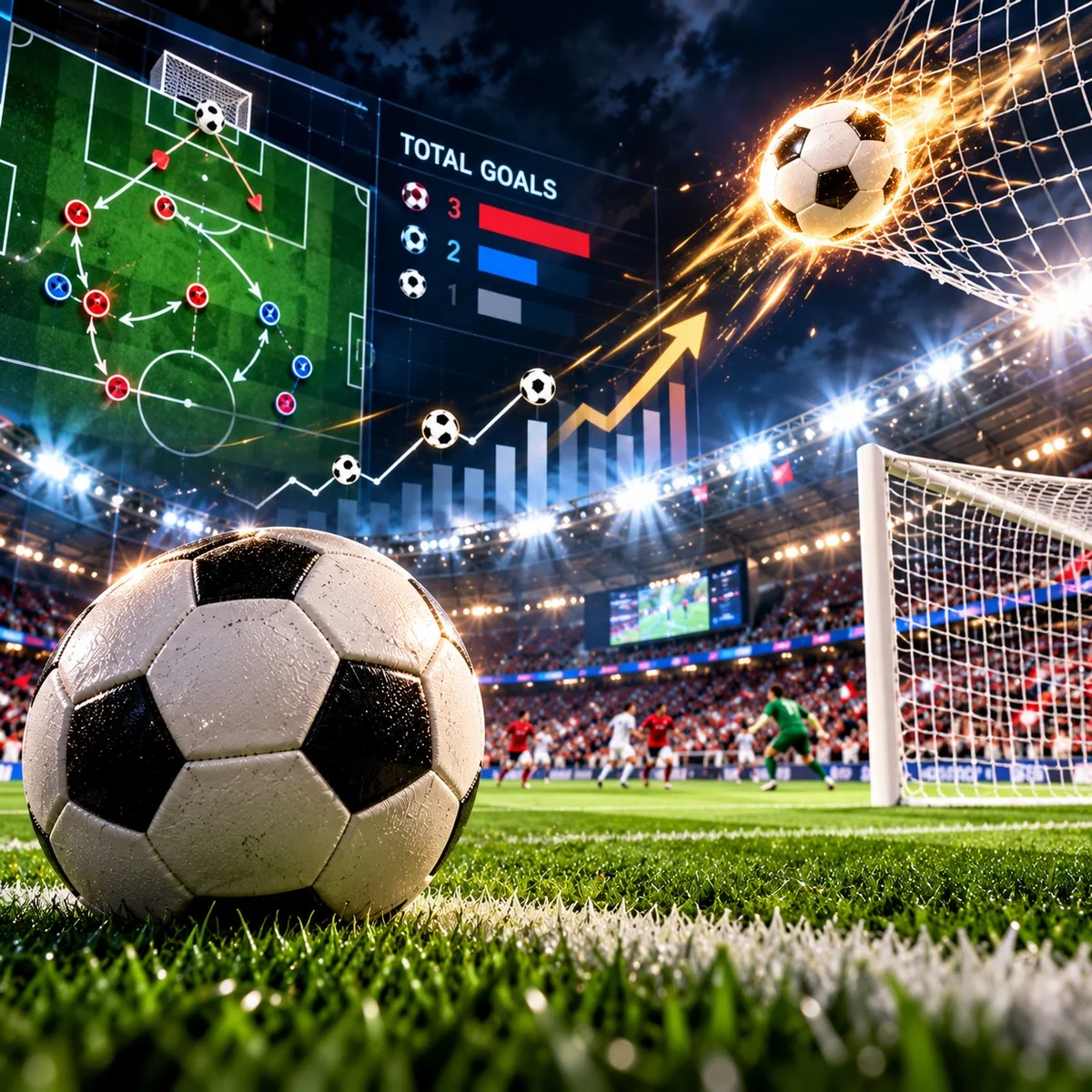 Ilustrasi jumlah gol sepak bola dengan bola di depan gawang, diagram taktik, dan statistik total gol di stadion