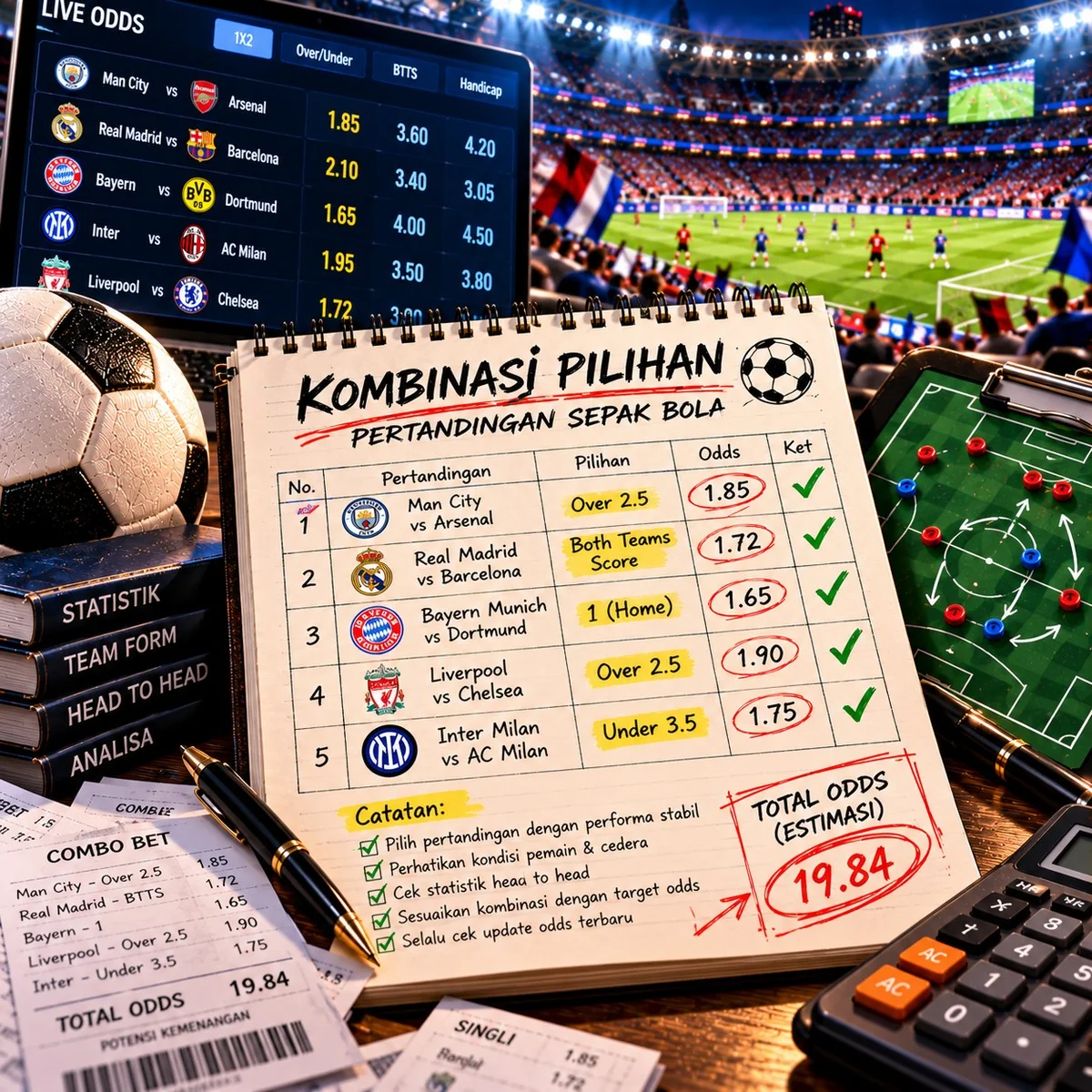 Ilustrasi kombinasi pilihan pertandingan sepak bola dengan tabel odds, statistik tim, dan catatan analisis di stadion
